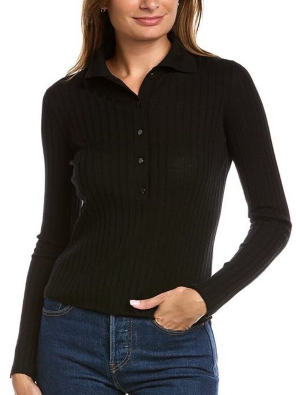 BOGO! Vince Ribbed Knit Polo V-Neck Wool Sweater Black Size Large